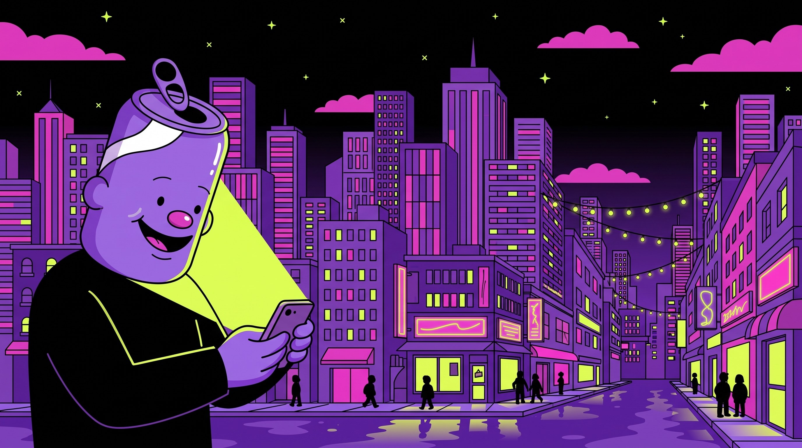 A lone figure on a lit street at night, phone in hand